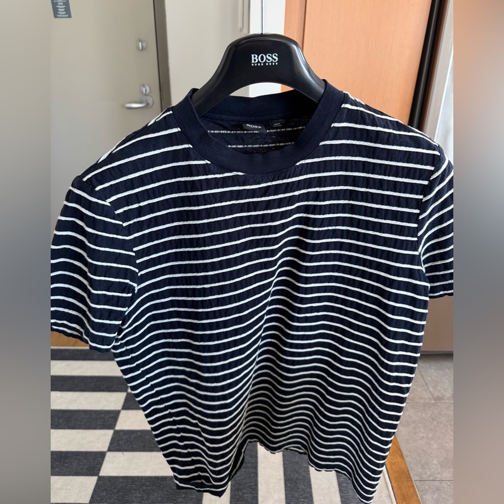 Boss Men's Dark Blue and White Striped Tee
